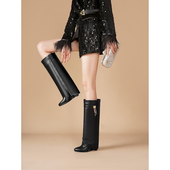 Women Faux Leather Black Pull-on Wedge Heel Knee Shark Padlock Design Boot - Picture 4 of 5